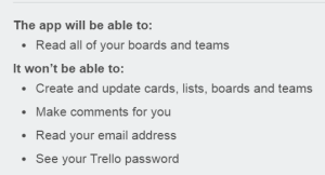 List of permissions Corello requires (Read access to all of your boards and teams)