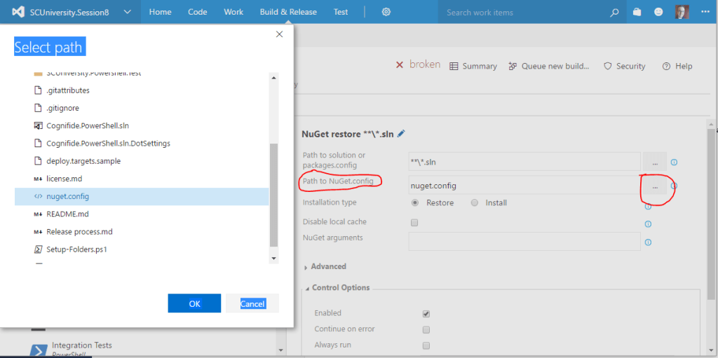 VSTS NuGet Restore Specify NuGet.config