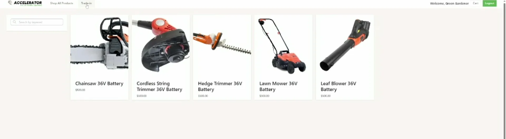 Screenshot of a sample OrderCloud implementation of circular marketplace showing al list of products that can be accepted for trade-in (Chainsaw, weed whacker, lawnmower, leafblower, etc.)