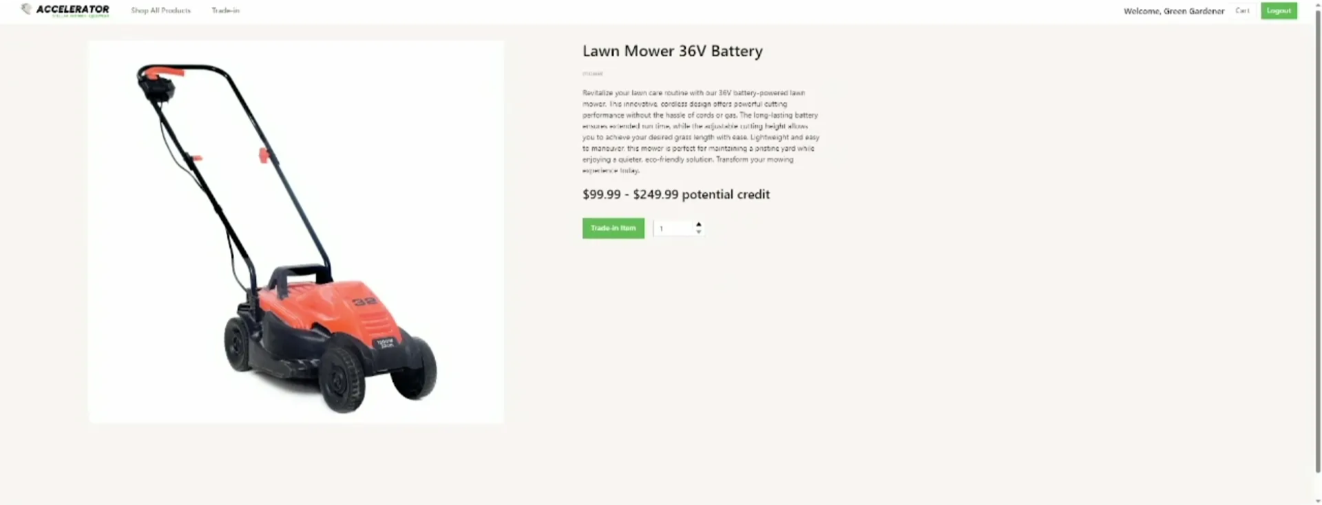 Screenshot of a sample OrderCloud implementation of circular marketplace showing a lawnmower with a trade-in value specified