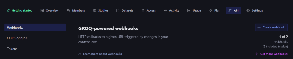 A screen capture of the Sanity API Settings section, showing the GROQ-powered webhooks area with 1 of 2 webhooks used. The webhooks are not listed in this screen capture.